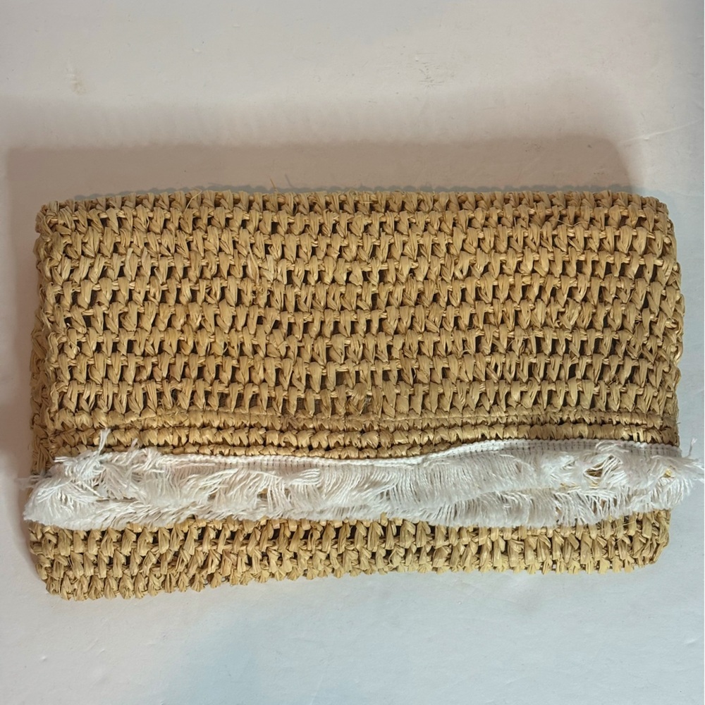 Bujibaja Raffia Straw Envelope Clutch White Fringe Bag